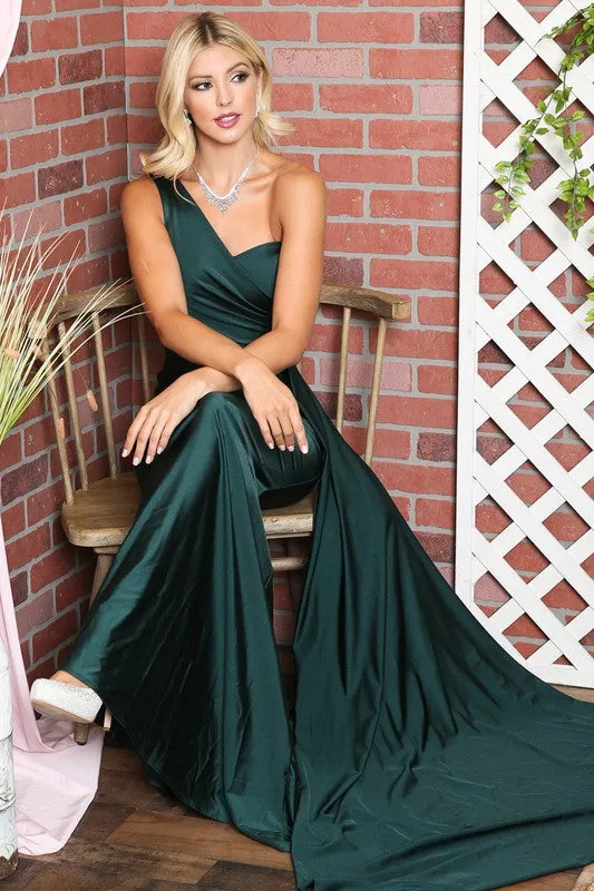 Emerald Green Asymmetric Stretchy Evening Gown