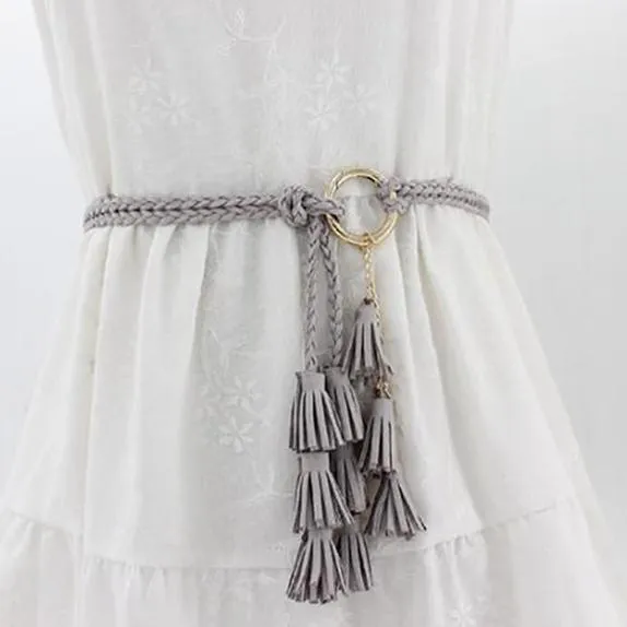 Fashion Women Solid Color Braided Tassel Belt Boho Girls Thin Waist Rope Knit Belts for Dress Waistbands Accessories