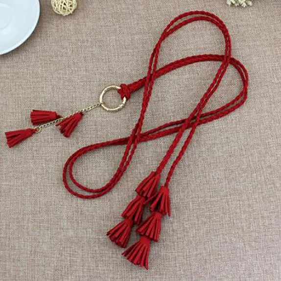 Fashion Women Solid Color Braided Tassel Belt Boho Girls Thin Waist Rope Knit Belts for Dress Waistbands Accessories