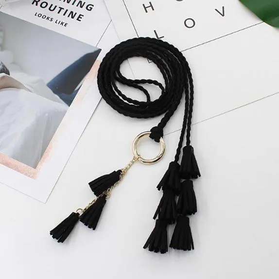 Fashion Women Solid Color Braided Tassel Belt Boho Girls Thin Waist Rope Knit Belts for Dress Waistbands Accessories