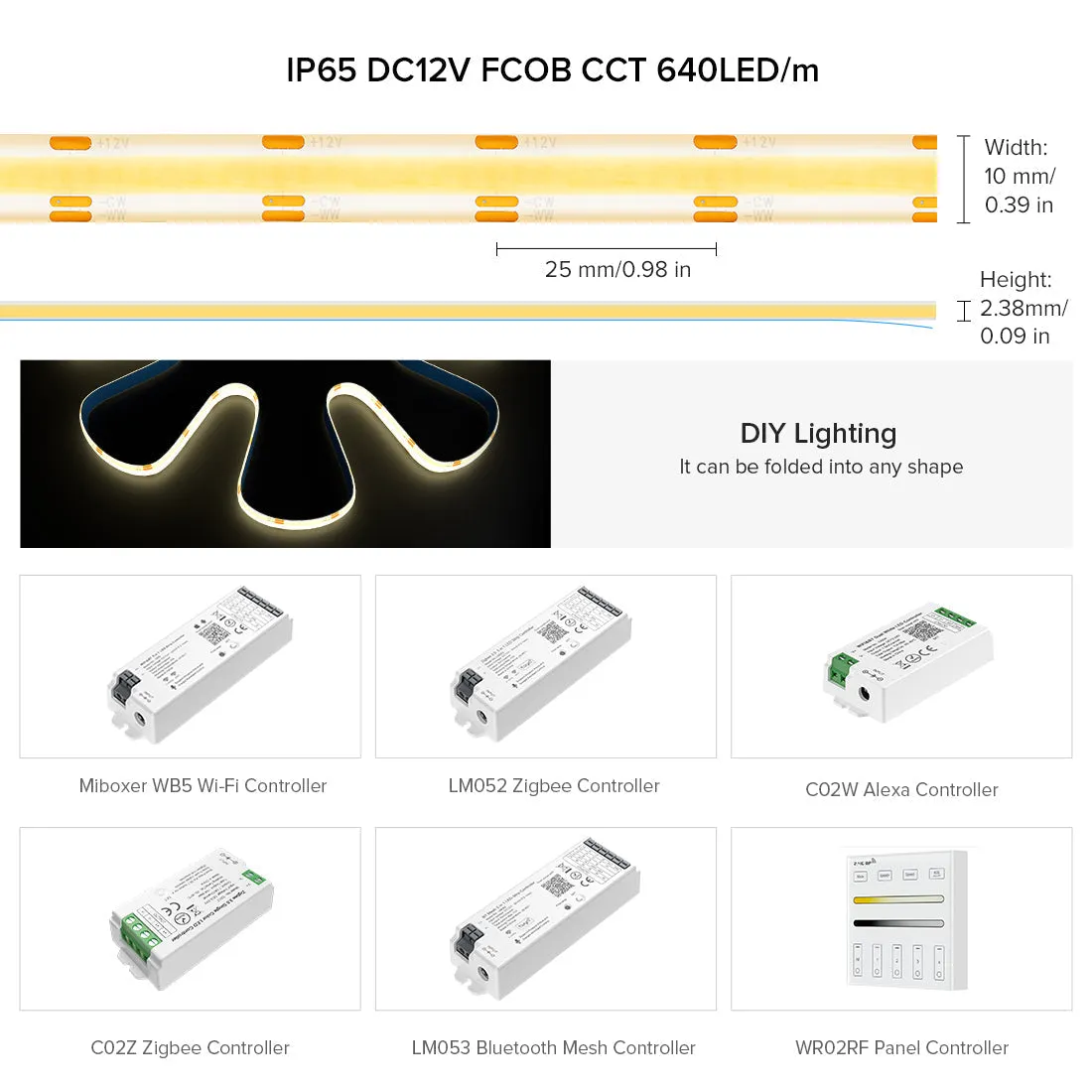 FCOB COB CCT IP65 Waterproof 5M 640 CCT LEDs Flexible Tunable 3000K-6000K CRI 90  Dimmable LED Light Ribbon DC12V DC24V