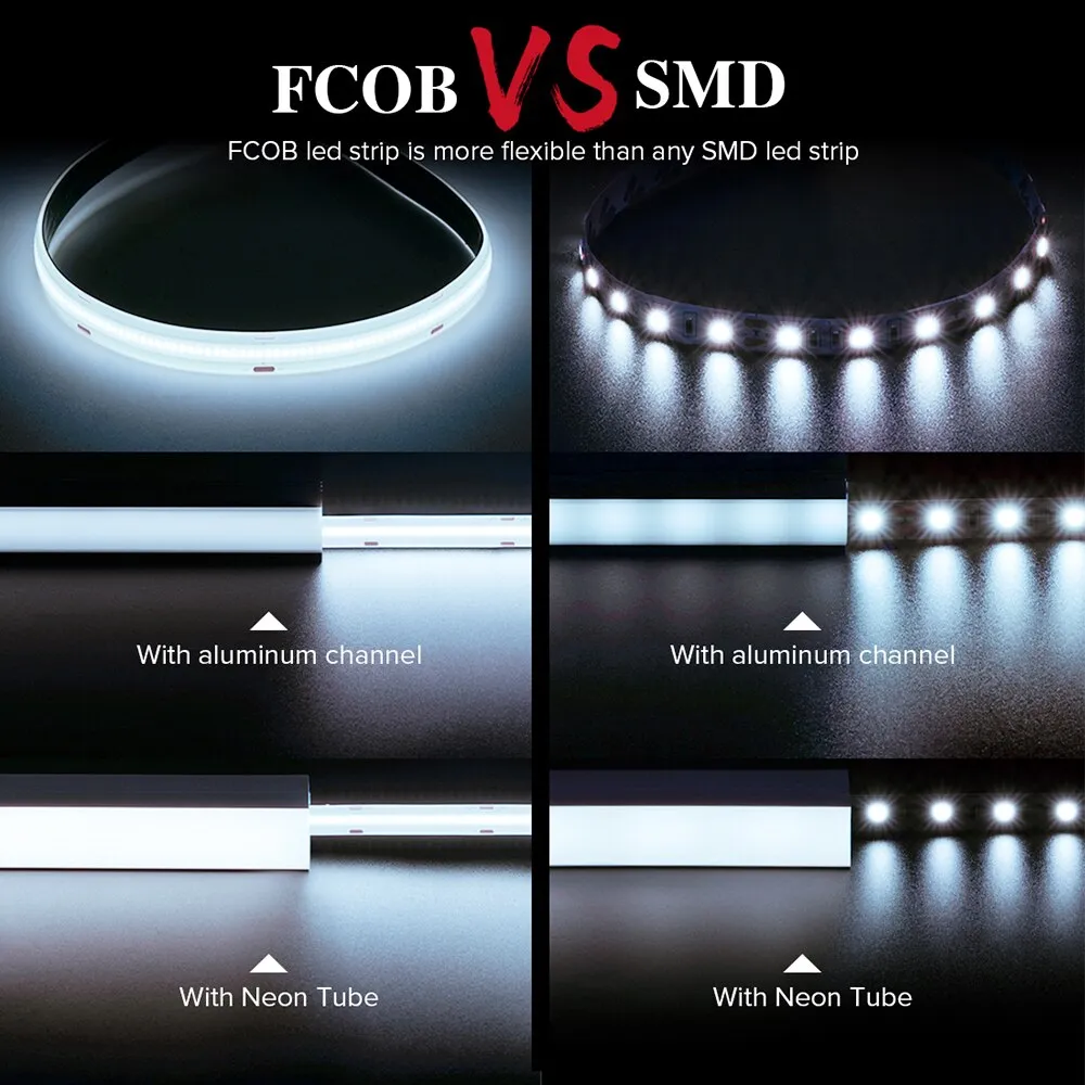 FCOB LED Strip IP65 Waterproof 5M 480 528 640 LEDs Flexible FOB COB Led Strip 2700K to 6000K RA90 Linear Dimmable 12V 24V