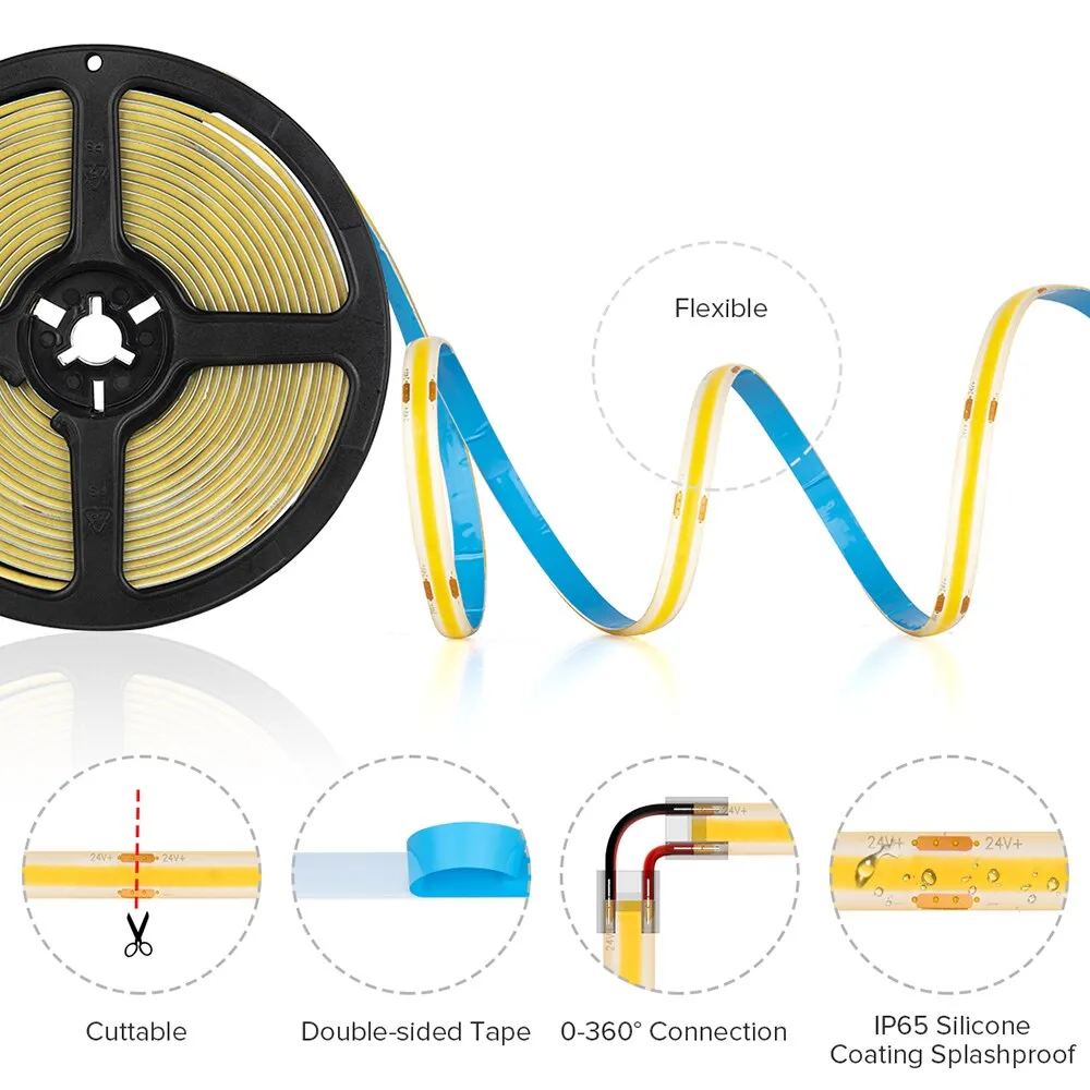 FCOB LED Strip IP65 Waterproof 5M 480 528 640 LEDs Flexible FOB COB Led Strip 2700K to 6000K RA90 Linear Dimmable 12V 24V