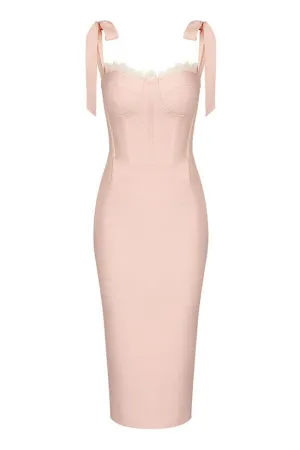 Feminine Scalloped Lace Sweetheart Bow Tie Bodycon Bandage Cocktail Midi Dress