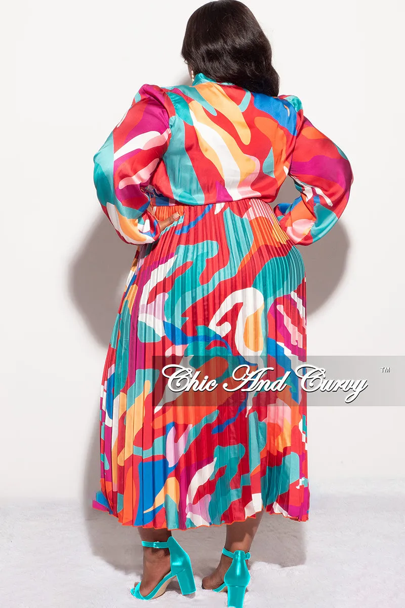 Final Sale Plus Size Neck Tie Pleated Dress in Multi Color Design Print