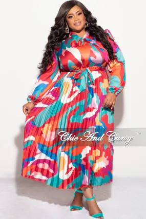 Final Sale Plus Size Neck Tie Pleated Dress in Multi Color Design Print