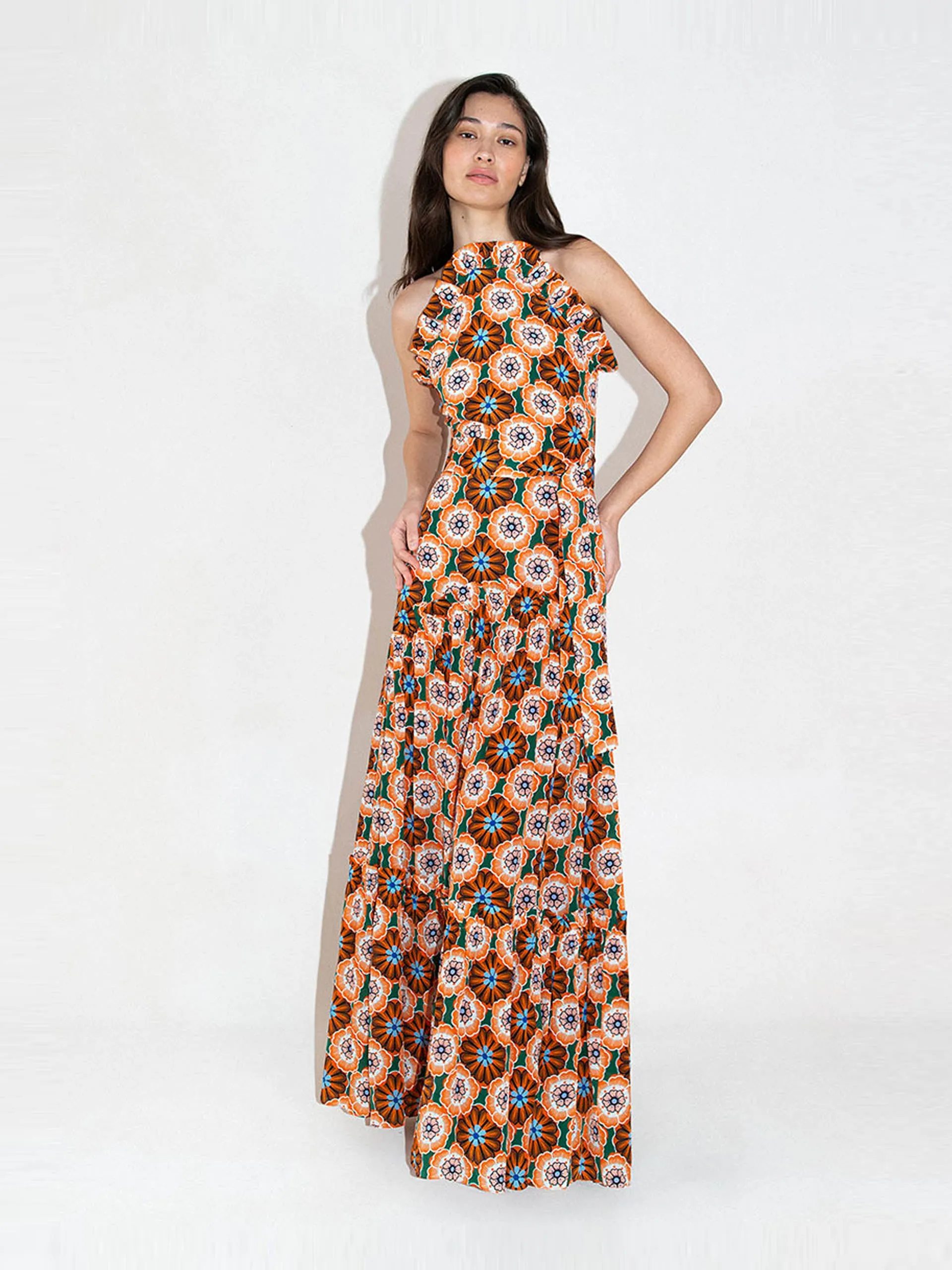 Flower pop orange Tatiana crepe maxi dress