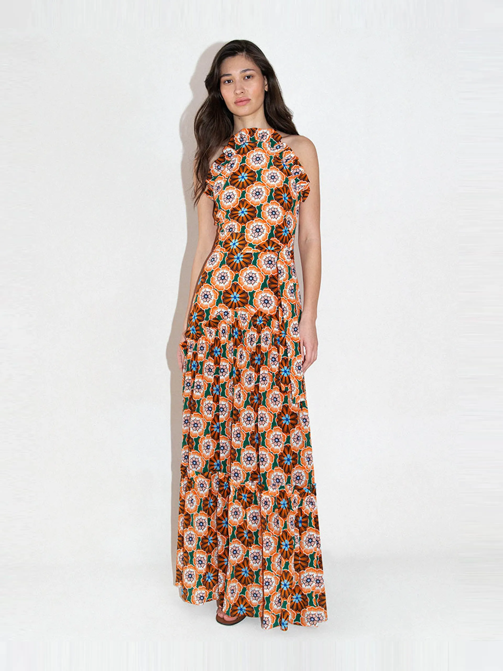 Flower pop orange Tatiana crepe maxi dress