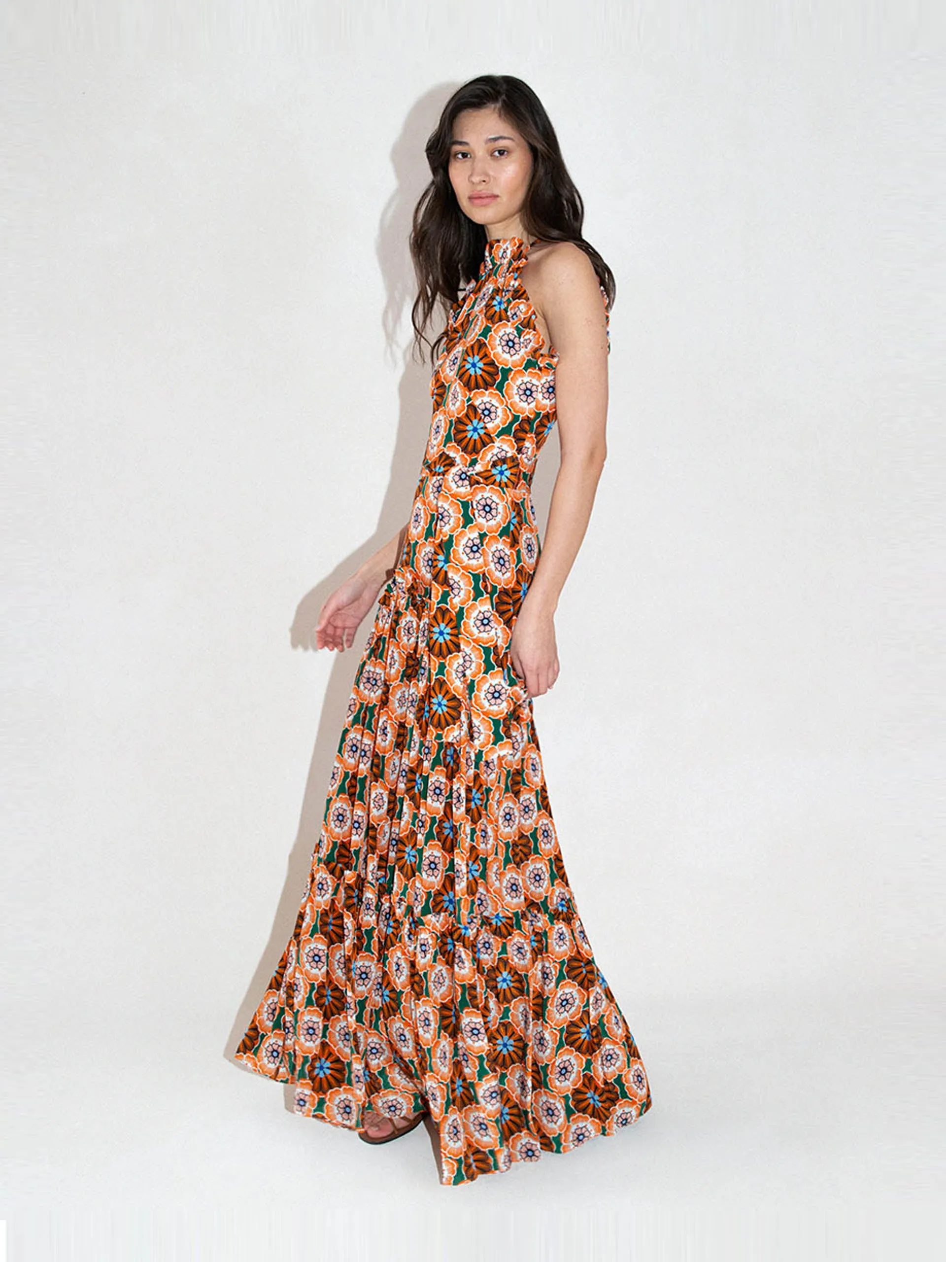 Flower pop orange Tatiana crepe maxi dress