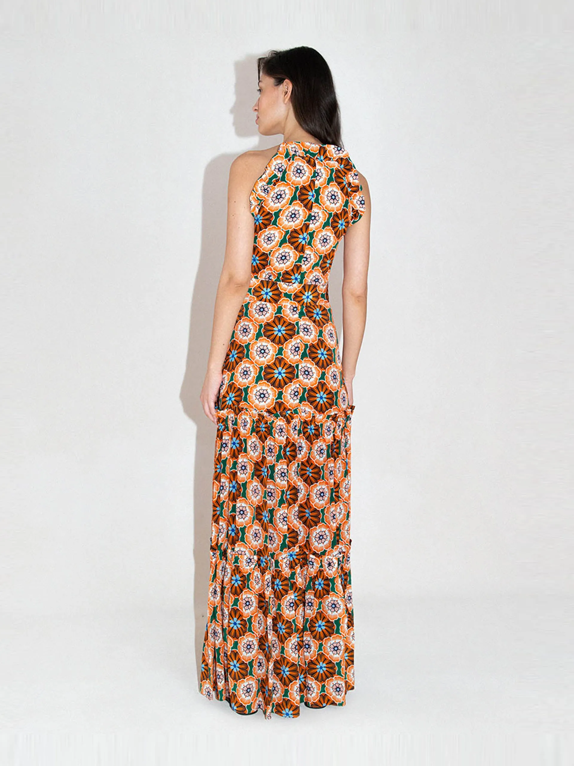 Flower pop orange Tatiana crepe maxi dress