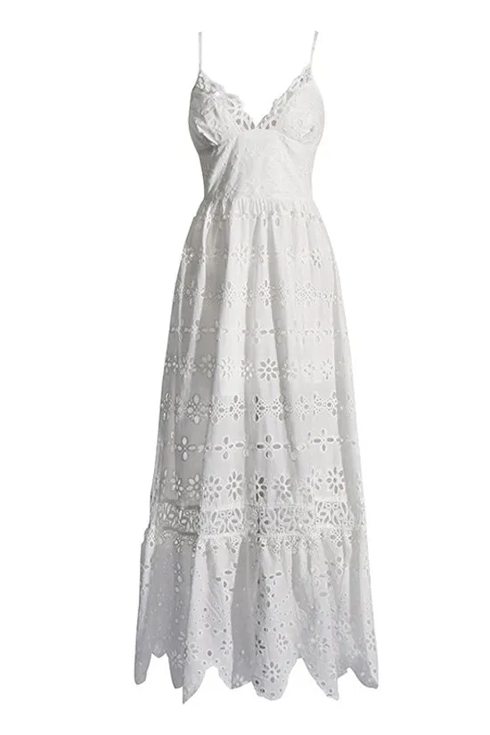 Flowy V Neck Broderie Anglaise Scalloped Ruffle Lace Slip Maxi Sundress