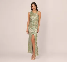 Foil Printed Asymmetric Gown With Ruffled Detail In Sage Gold