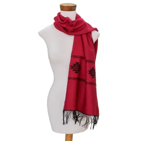 Fret Chic in Red Red Cotton Blend Scarf with Black Stepped-Fret Rhombus Motif