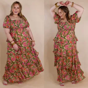 Fun Feeling Floral Tiered Maxi Dress with Smocked Balloon Sleeves in Green Mix