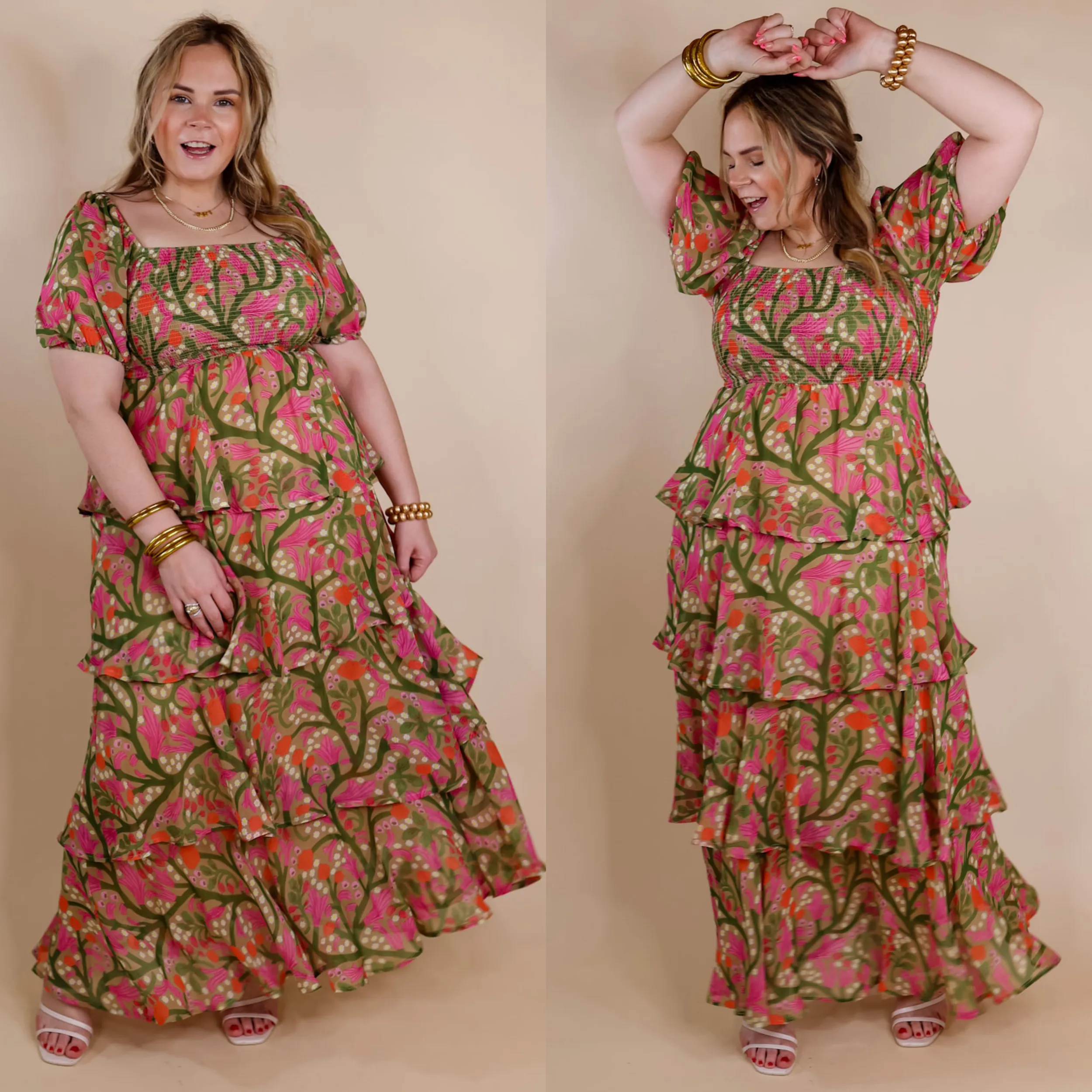 Fun Feeling Floral Tiered Maxi Dress with Smocked Balloon Sleeves in Green Mix