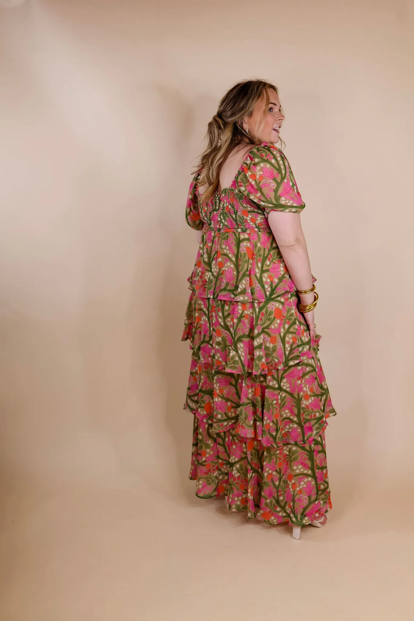 Fun Feeling Floral Tiered Maxi Dress with Smocked Balloon Sleeves in Green Mix