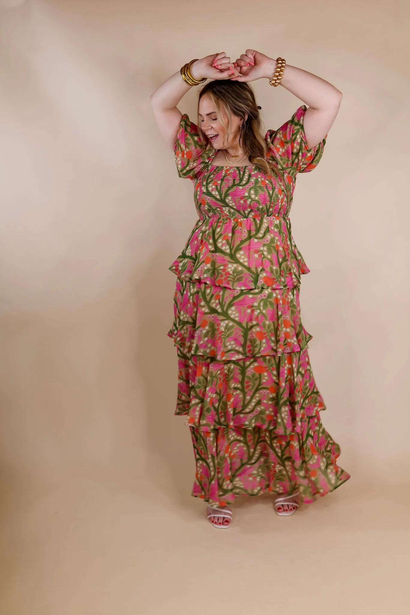 Fun Feeling Floral Tiered Maxi Dress with Smocked Balloon Sleeves in Green Mix