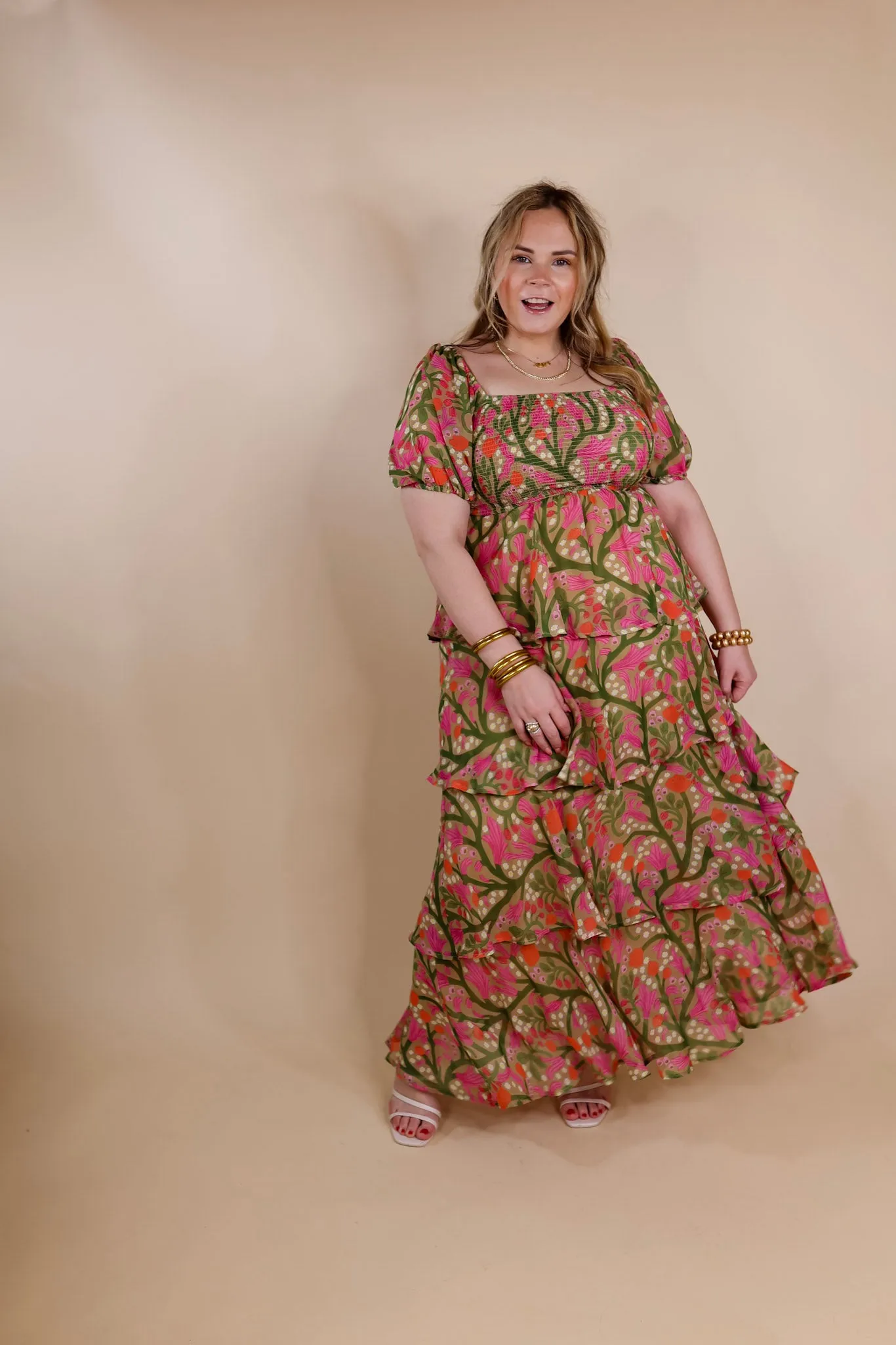 Fun Feeling Floral Tiered Maxi Dress with Smocked Balloon Sleeves in Green Mix