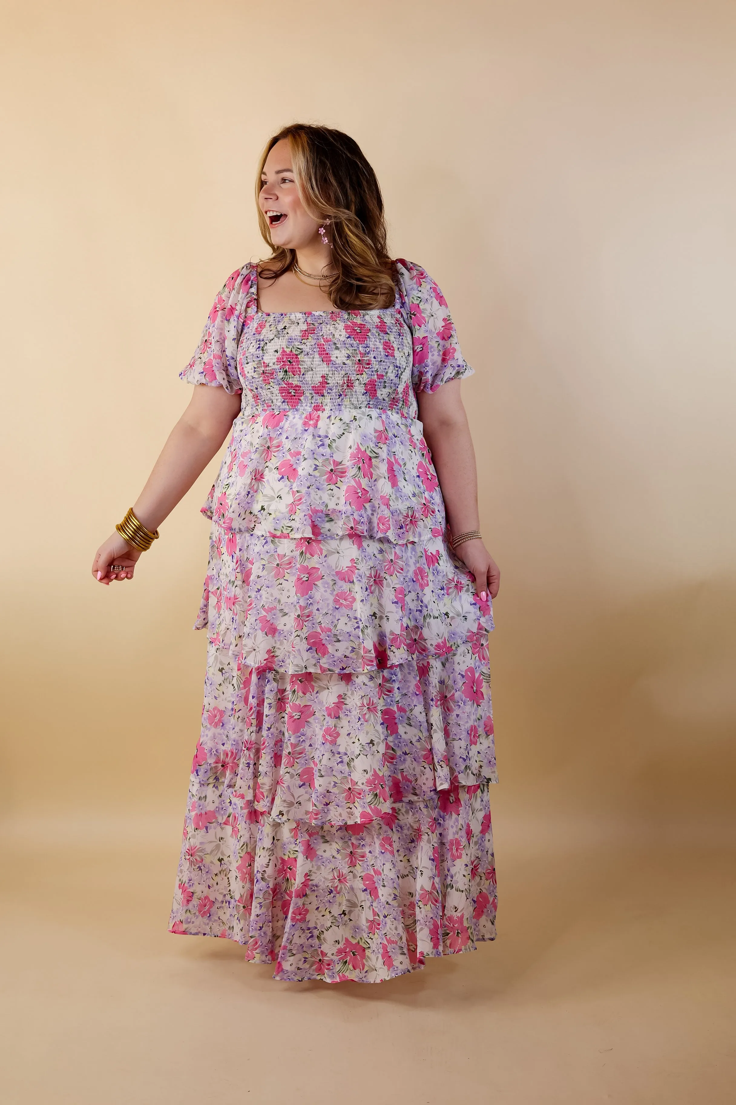 Fun Feeling Floral Tiered Maxi Dress with Smocked Balloon Sleeves in Pink Mix