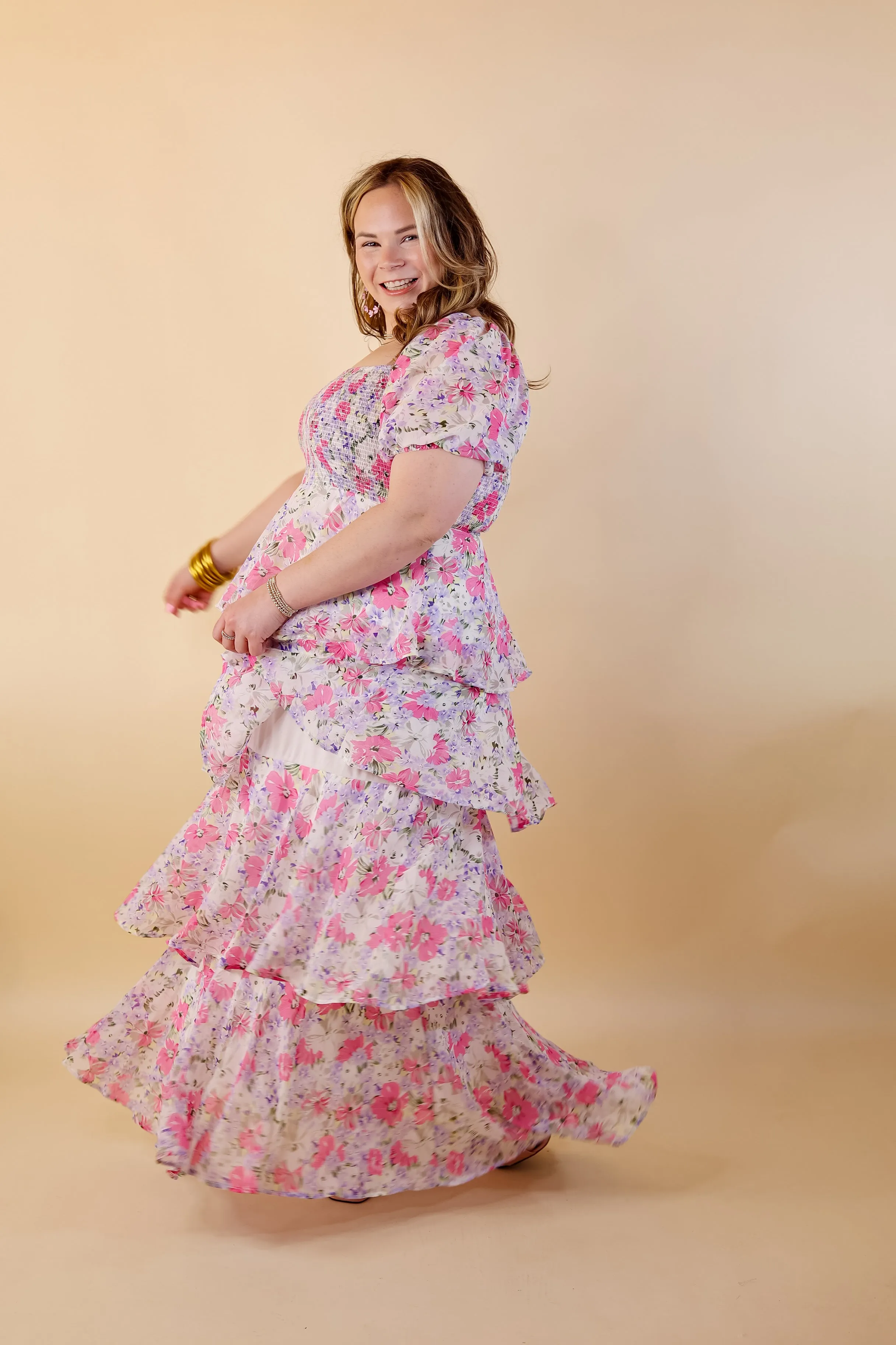 Fun Feeling Floral Tiered Maxi Dress with Smocked Balloon Sleeves in Pink Mix