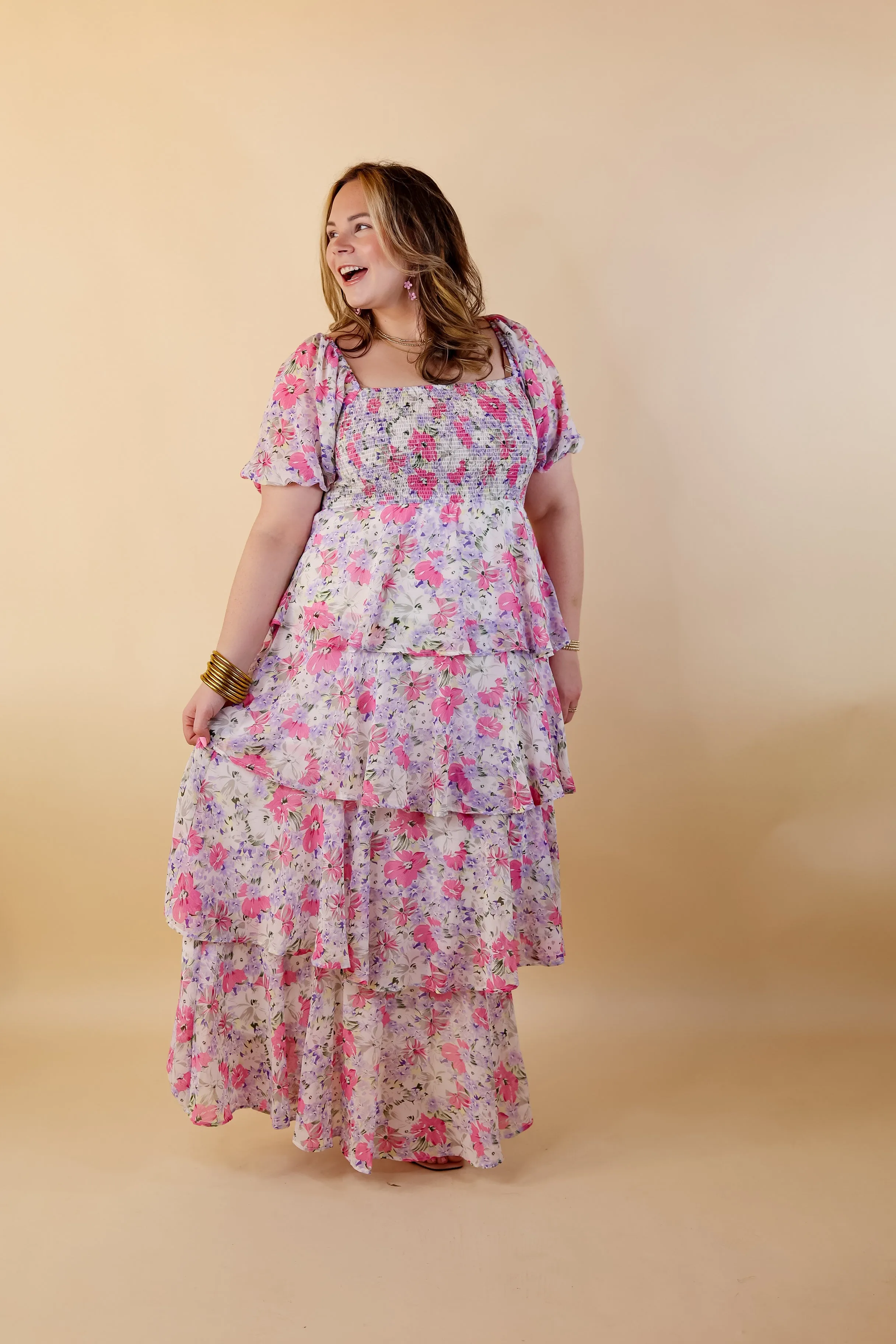 Fun Feeling Floral Tiered Maxi Dress with Smocked Balloon Sleeves in Pink Mix