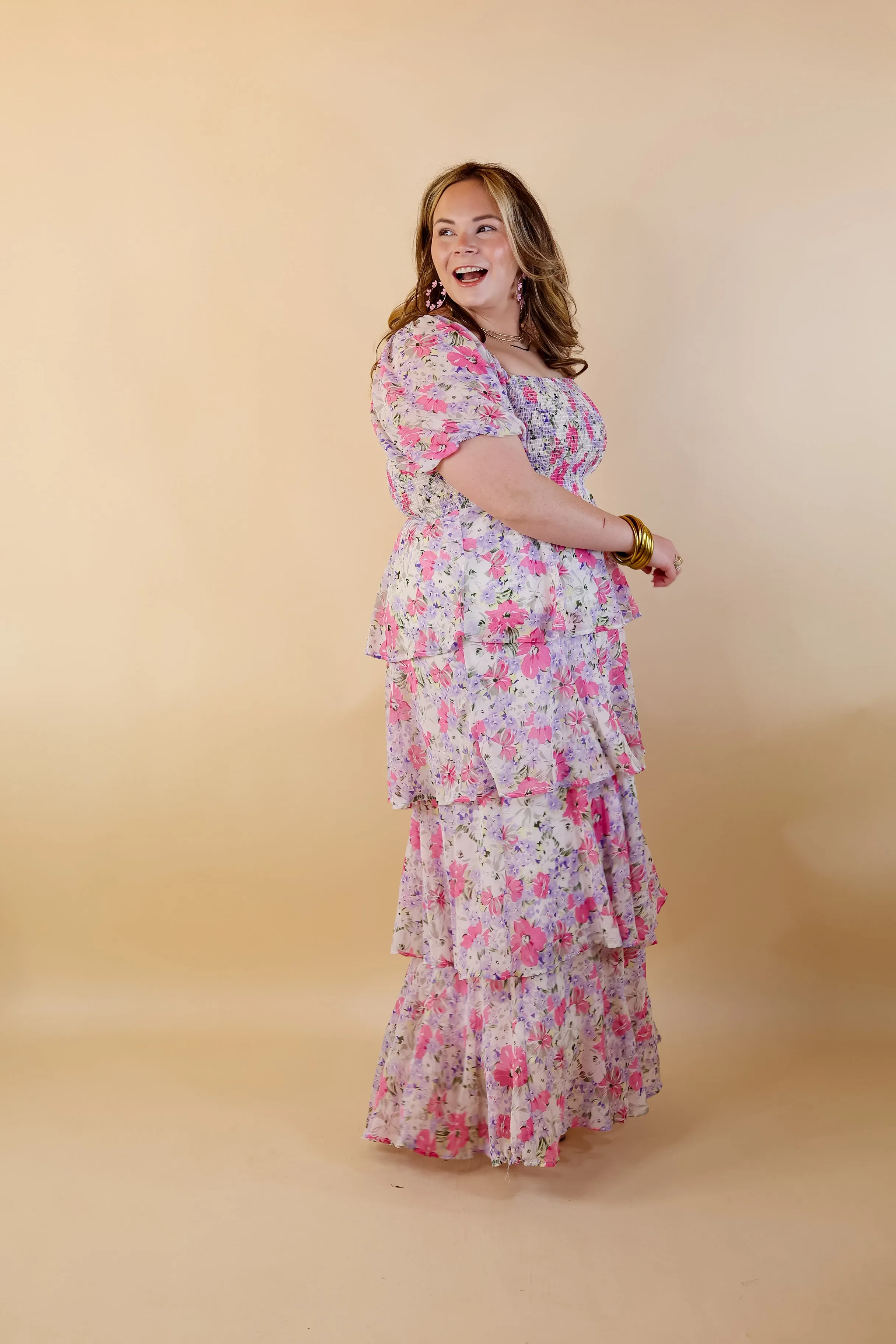 Fun Feeling Floral Tiered Maxi Dress with Smocked Balloon Sleeves in Pink Mix