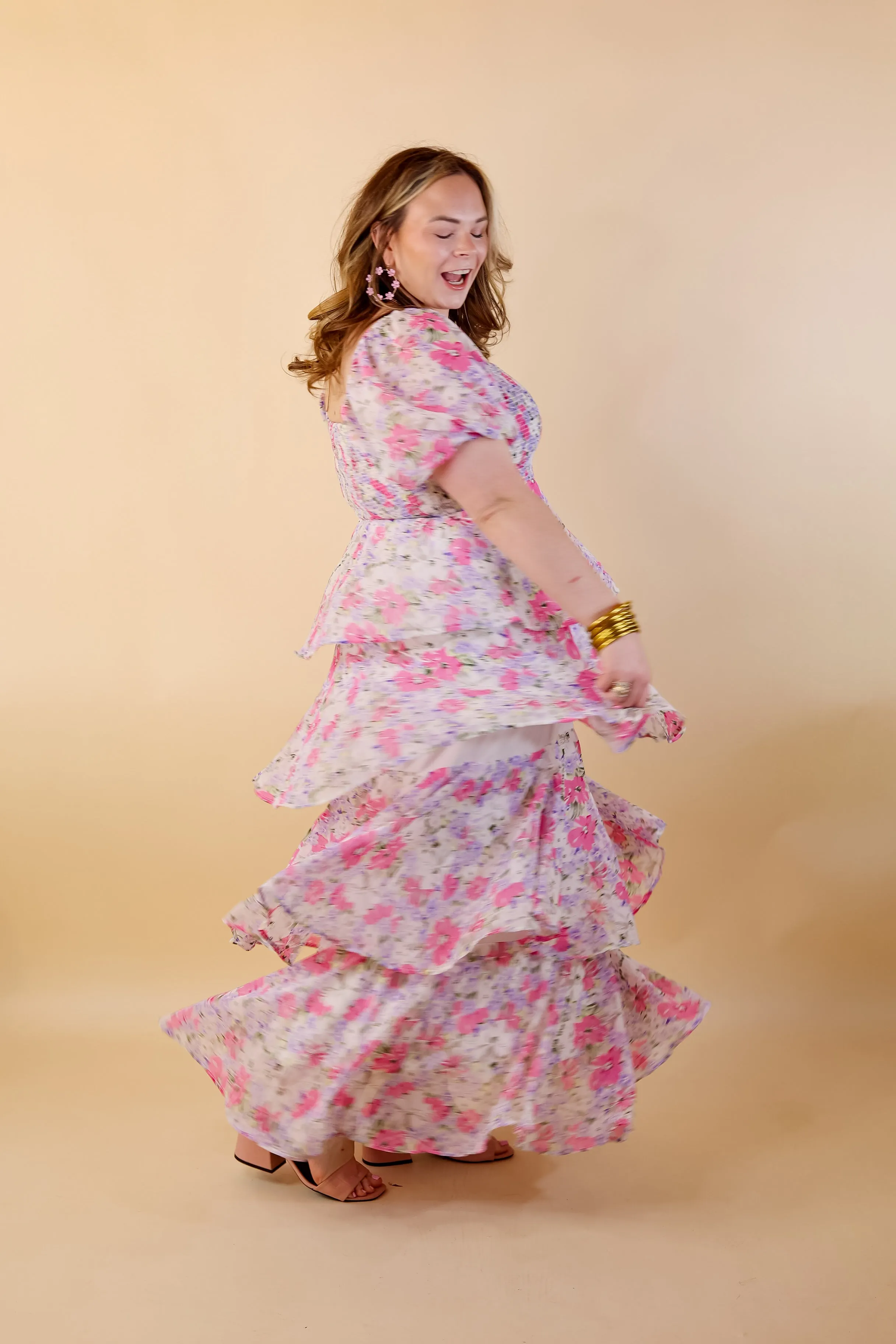 Fun Feeling Floral Tiered Maxi Dress with Smocked Balloon Sleeves in Pink Mix