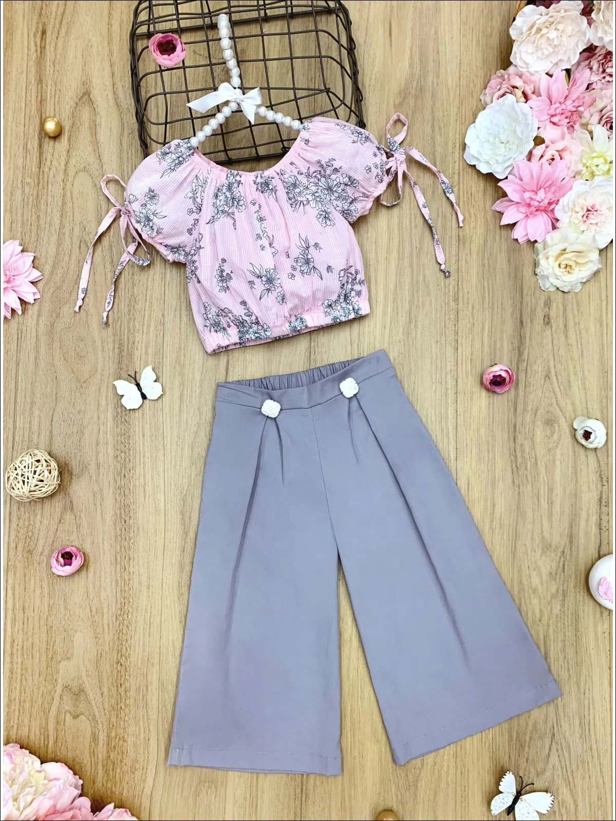 Girls Freshly Floral Sleeve Crop Top And Buttoned Pants Set