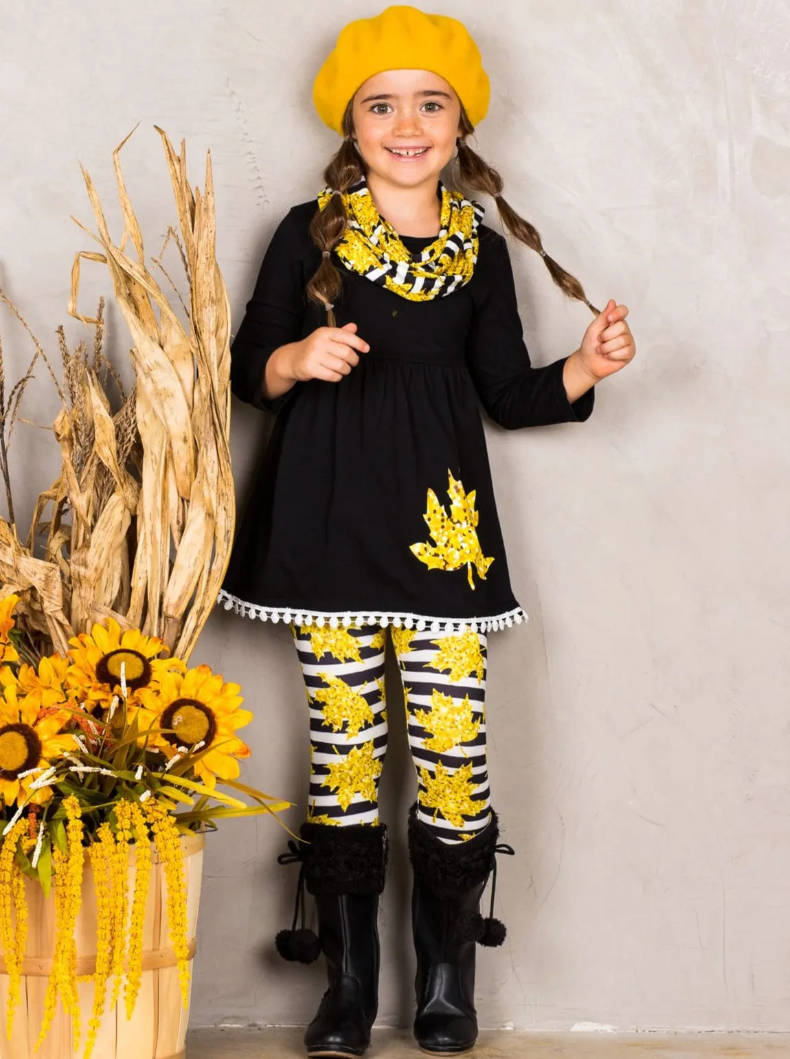 Girls Striped Leaves Print Circle Trim Hem Long Sleeve Tunic, Leggings and Scarf Set