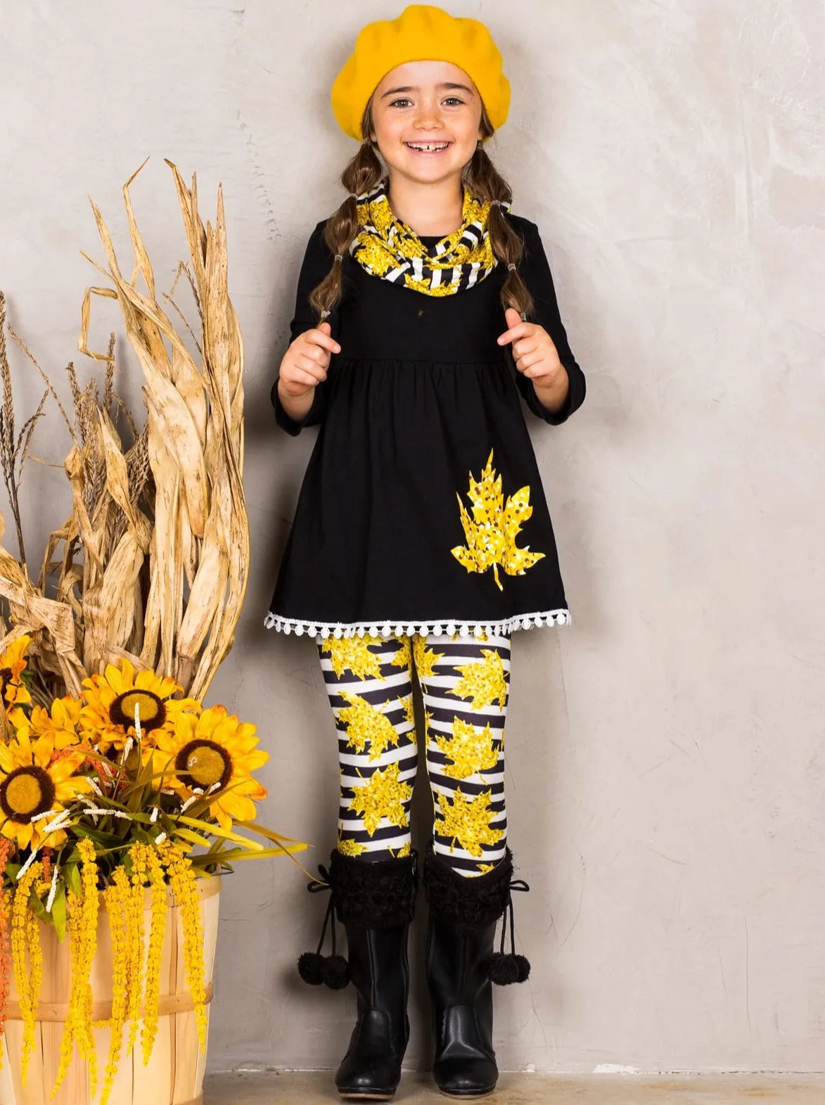 Girls Striped Leaves Print Circle Trim Hem Long Sleeve Tunic, Leggings and Scarf Set