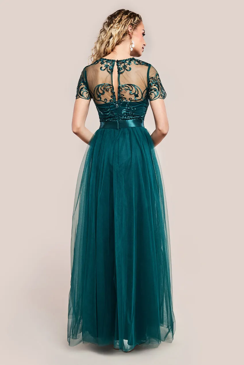 Goddiva Embroidered Mesh Maxi Dress - Emerald Green