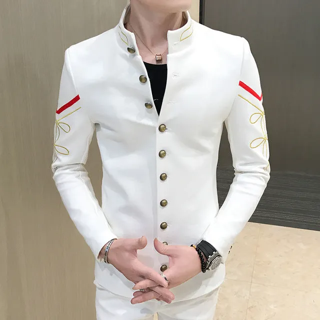 Gold Button Chinese Collar Men Slim Fit Blazer Jacket