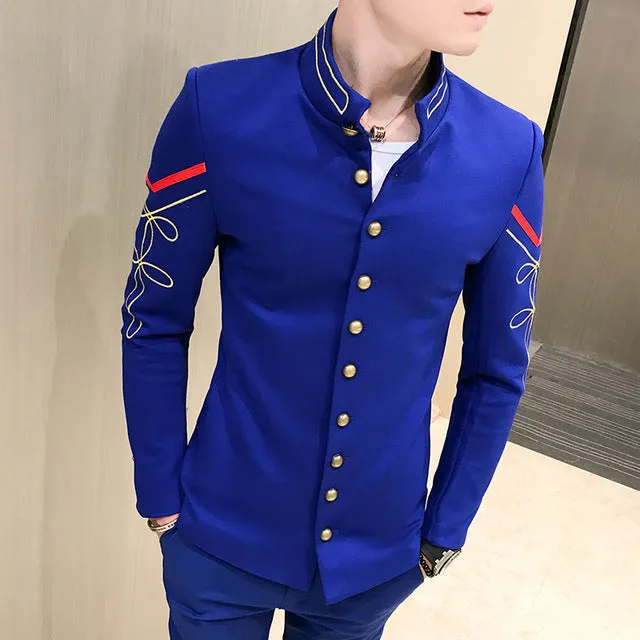 Gold Button Chinese Collar Men Slim Fit Blazer Jacket