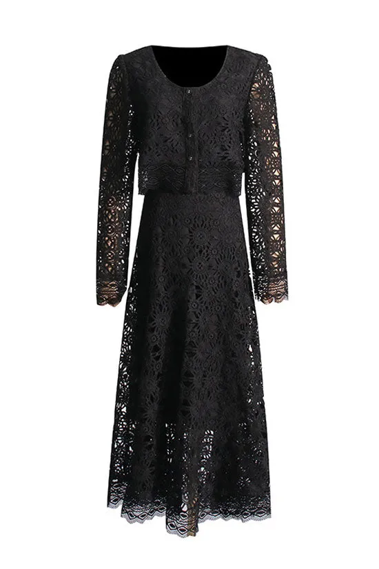 Graceful Button Up High Waist Crochet Lace Two Piece Maxi Dress - Black