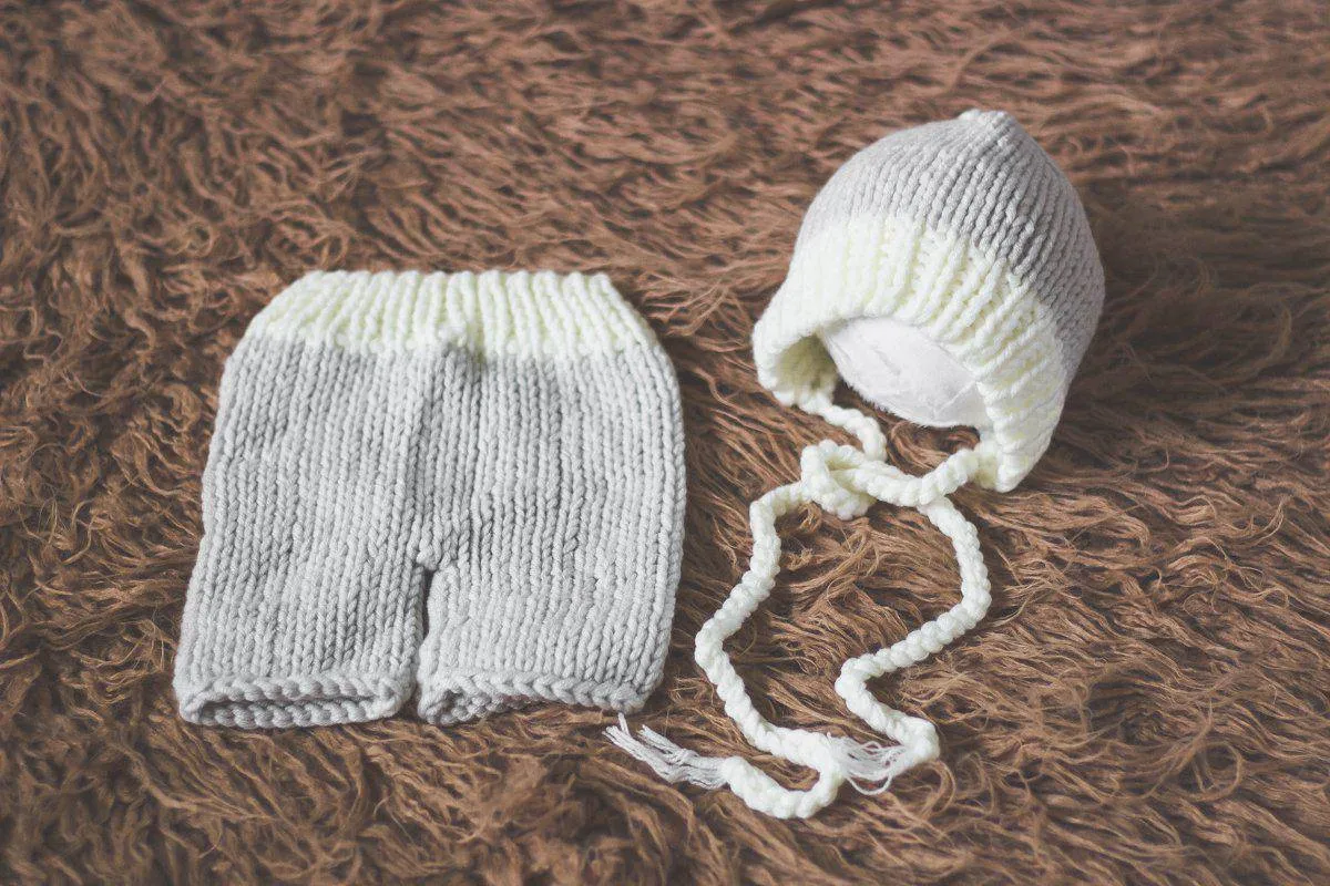 Gray and White Knit Newborn Hat and Pants Set