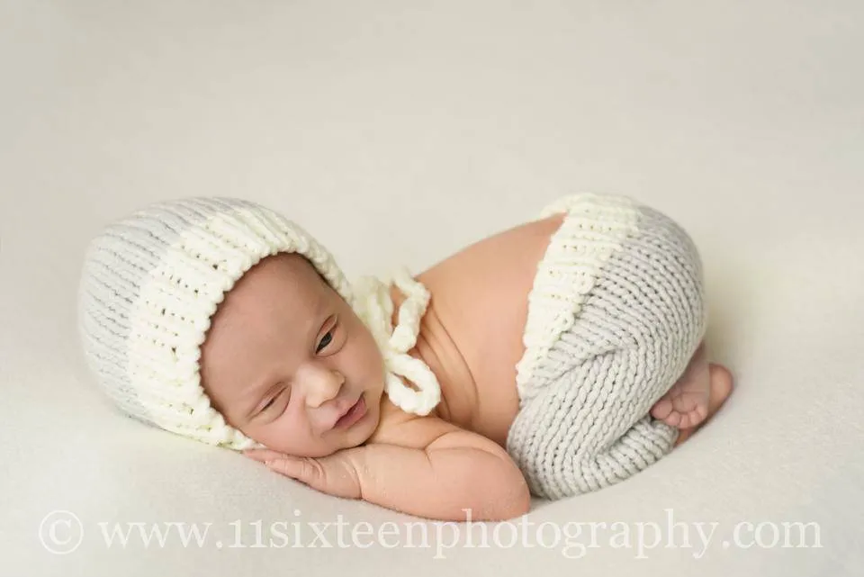 Gray and White Knit Newborn Hat and Pants Set