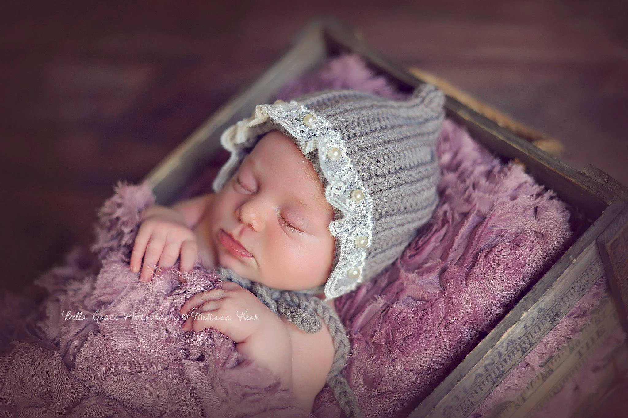 Gray Lace Pearl Cotton Knit Baby Bonnet