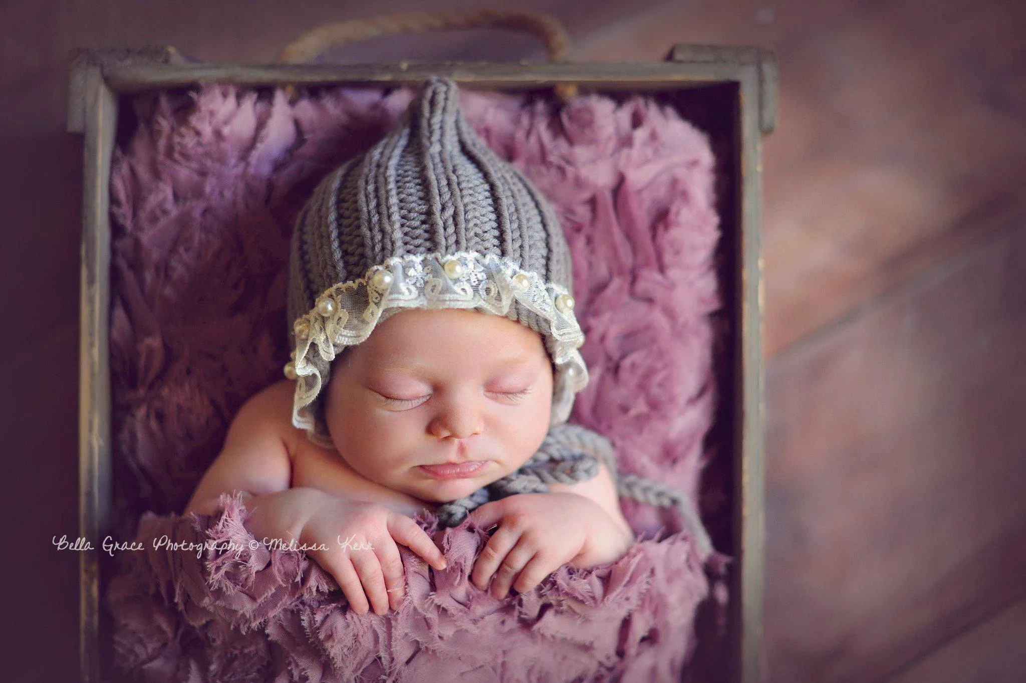 Gray Lace Pearl Cotton Knit Baby Bonnet