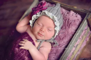 Gray Lace Pearl Cotton Knit Baby Bonnet