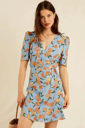 Groovy Fruit Printed Puff Sleeve French Style Wrap Mini Dress -Blue