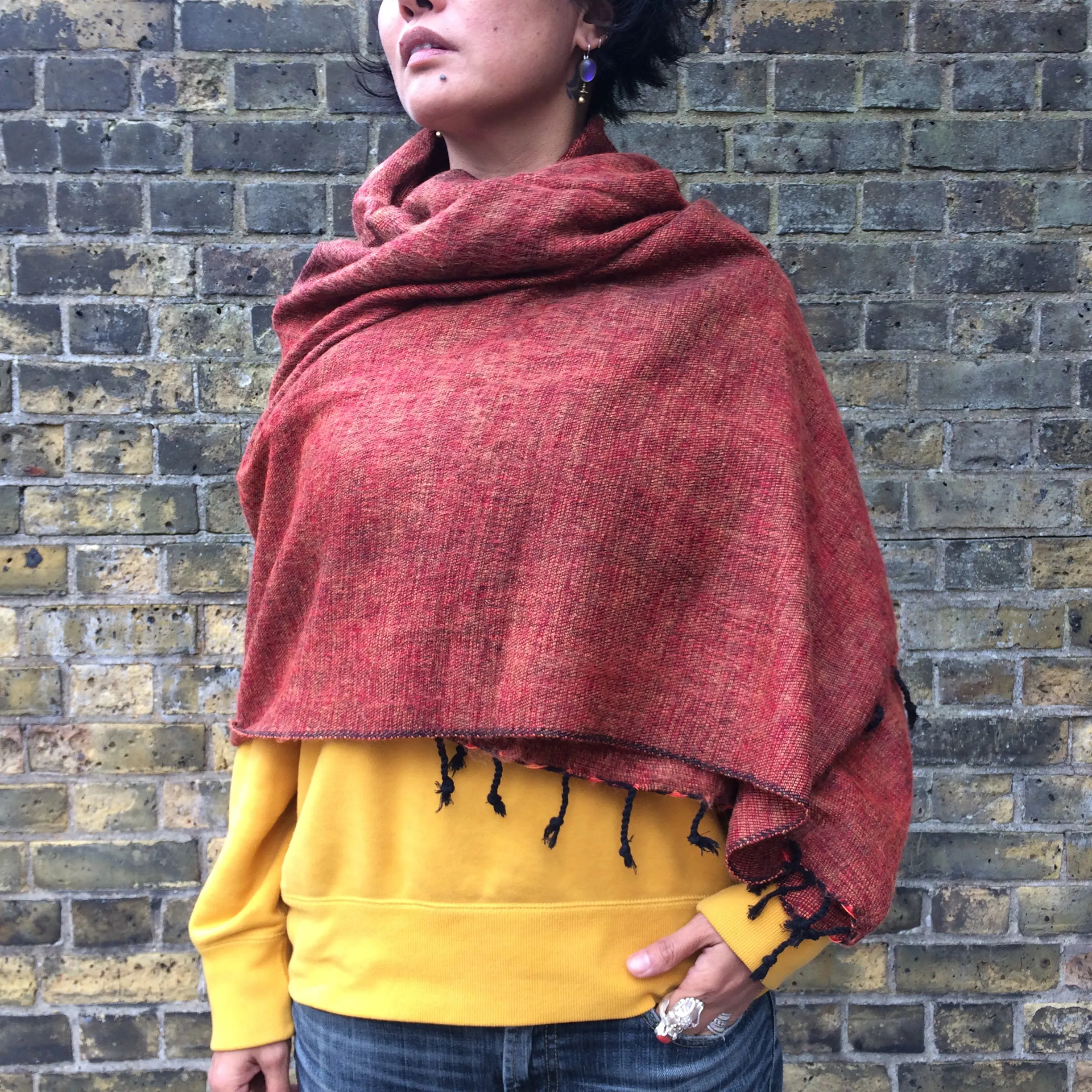 Handmade Nepalese 'Yak Wool' Shawl Rust Mix Oversized Scarf / Yoga Blanket