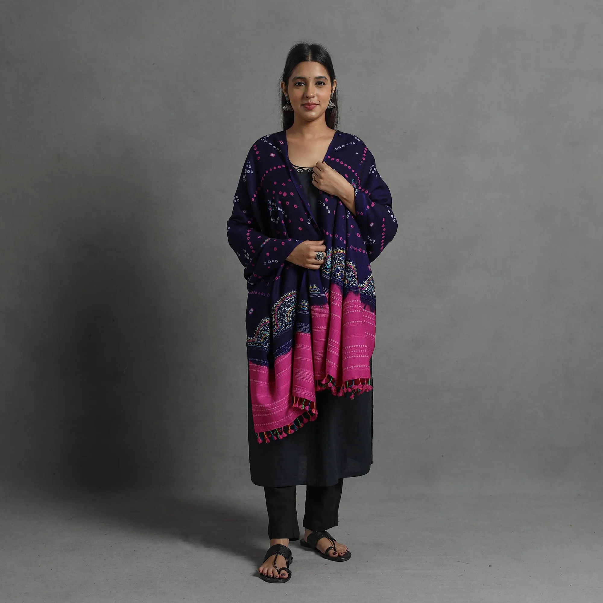 Handwoven Merino Wool Bandhani Shawl w/ Neran Embroidery 37