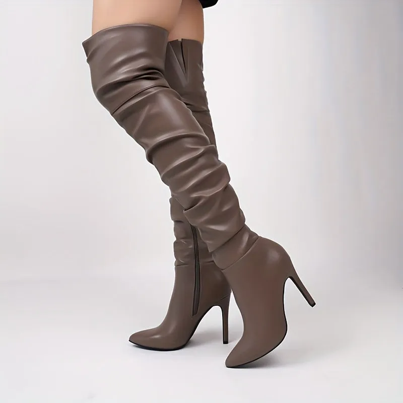 High Heel Stiletto Pointed Toe Over The Knee Boots - Zipper Closure, Comfortable Microfiber Upper, Rubber Sole, Casual Solid Color Fashion Boots for Women - All-Season Wear