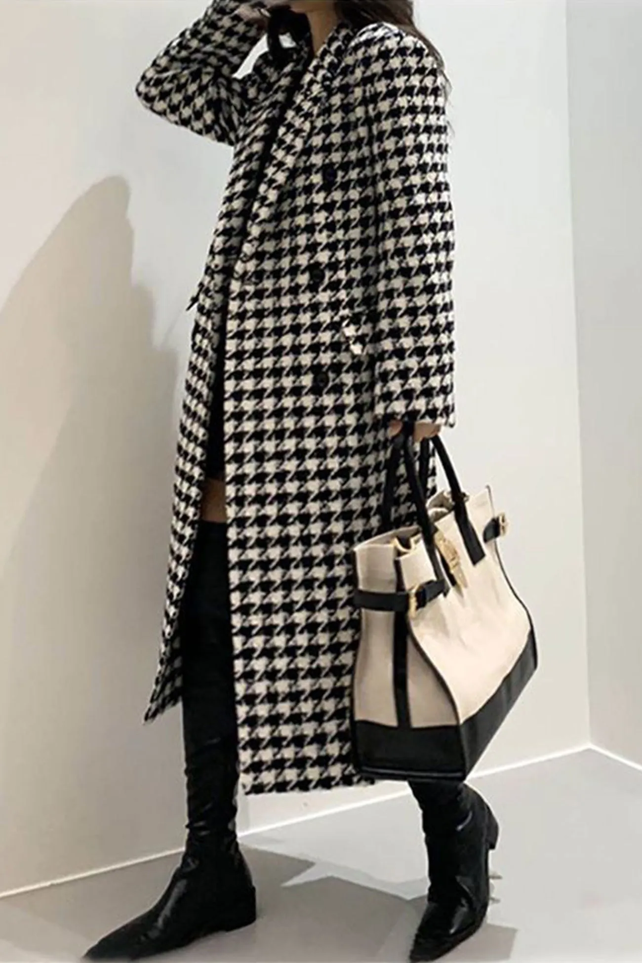 Houndstooth Back Slit Long Coat