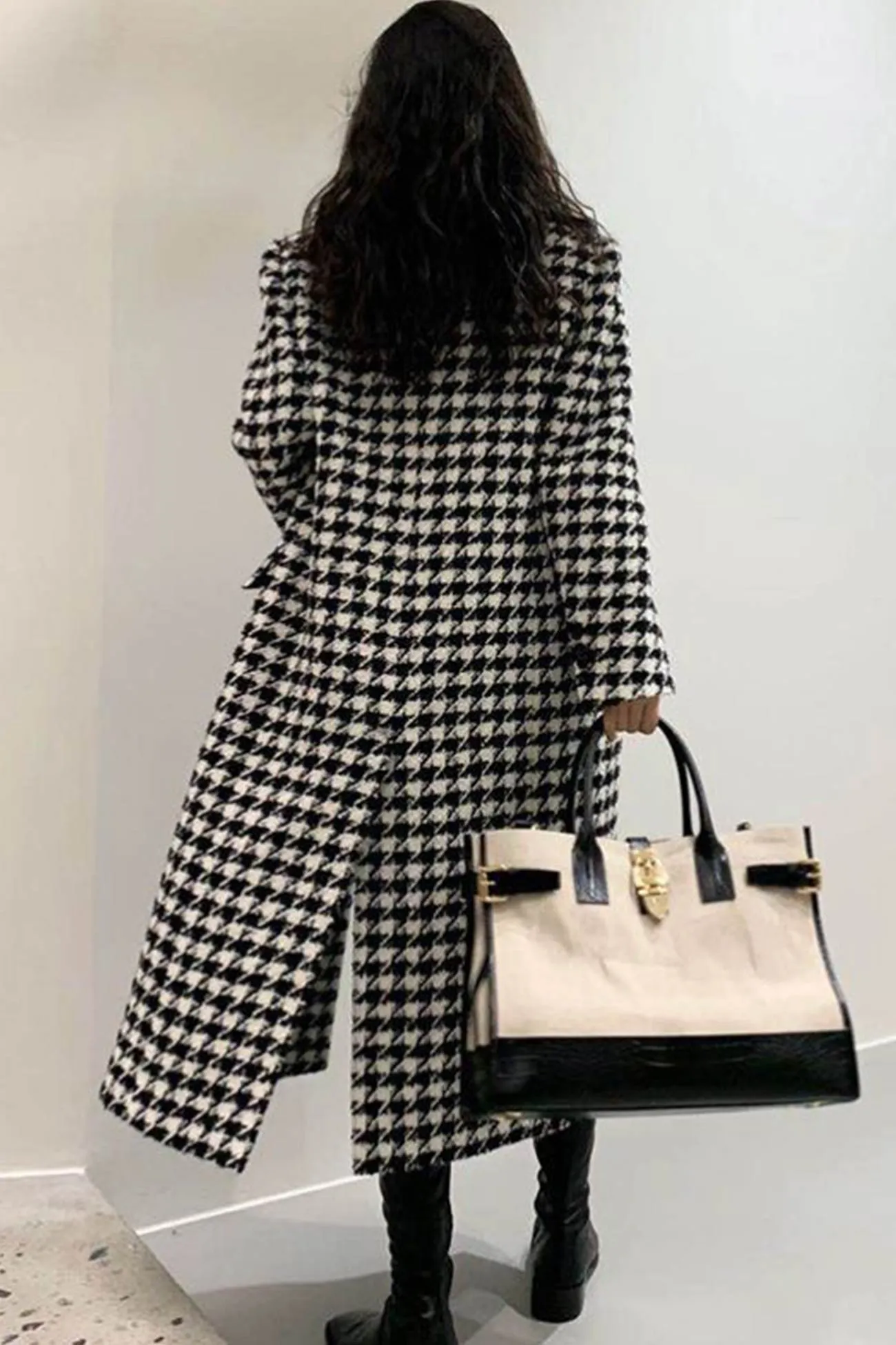 Houndstooth Back Slit Long Coat