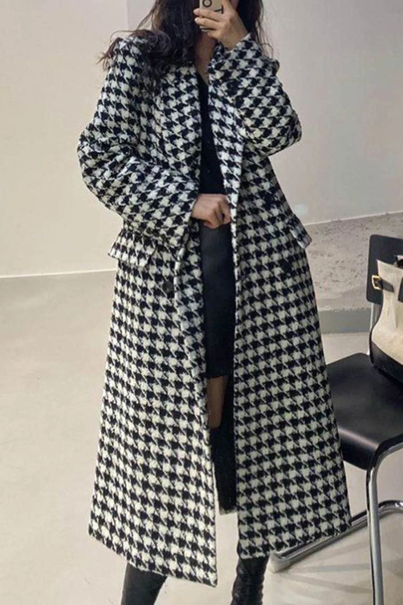 Houndstooth Back Slit Long Coat