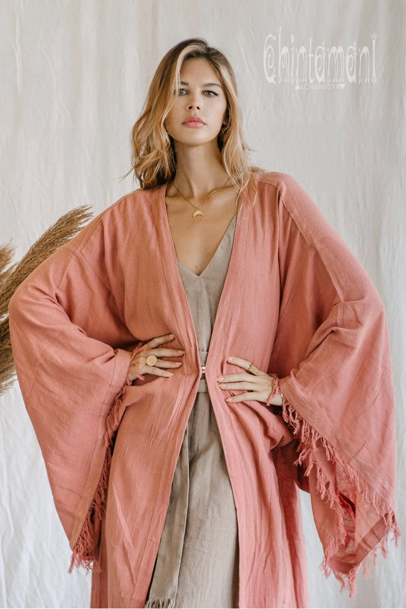 Huge Wide Sleeves Kimono Cardigan / Raw Cotton Wrap Robe / Soft Pink