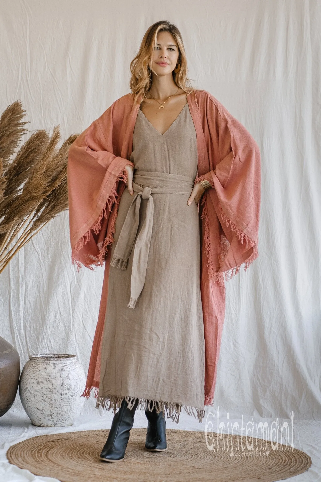 Huge Wide Sleeves Kimono Cardigan / Raw Cotton Wrap Robe / Soft Pink