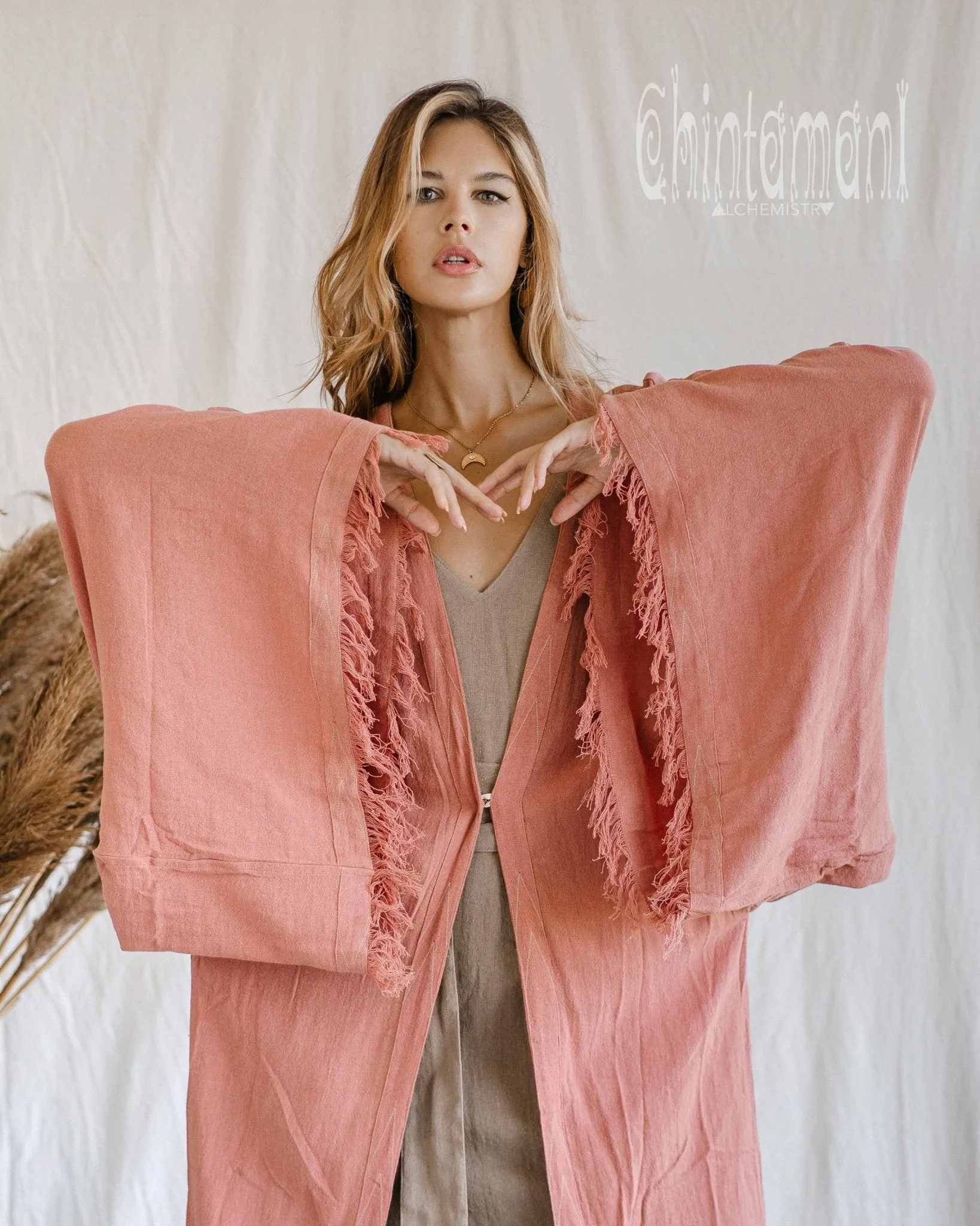 Huge Wide Sleeves Kimono Cardigan / Raw Cotton Wrap Robe / Soft Pink