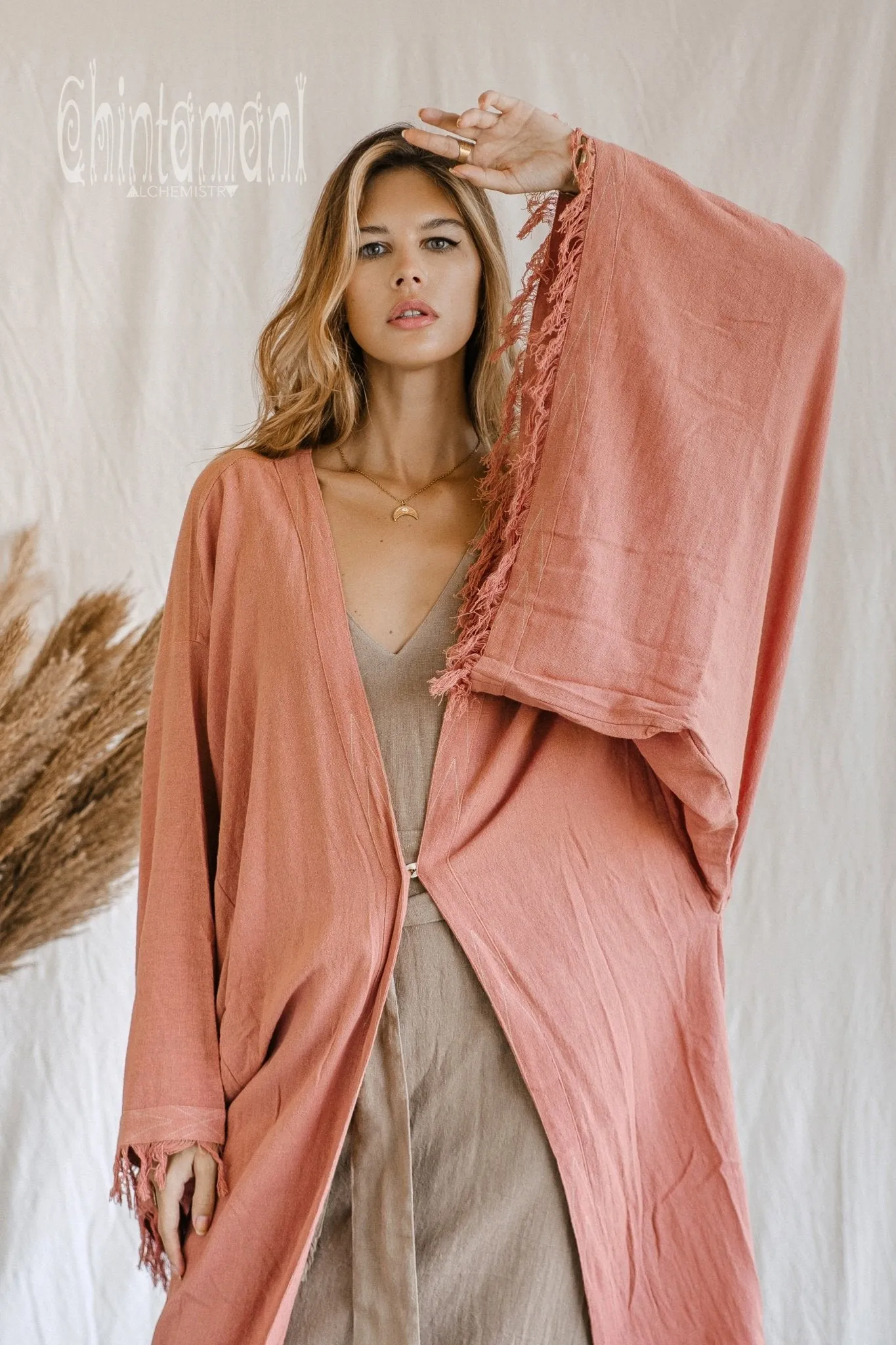 Huge Wide Sleeves Kimono Cardigan / Raw Cotton Wrap Robe / Soft Pink